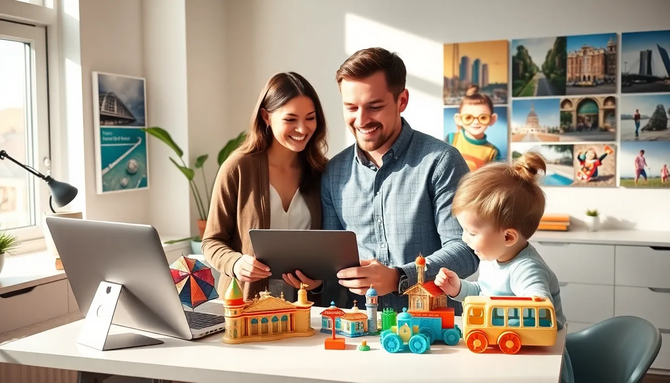 family planning a trip with a toddler in a modern home office.