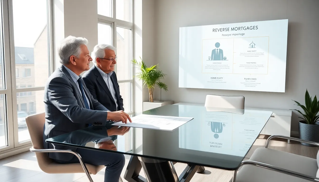 older couple discussing reverse mortgage with financial advisor in modern office.