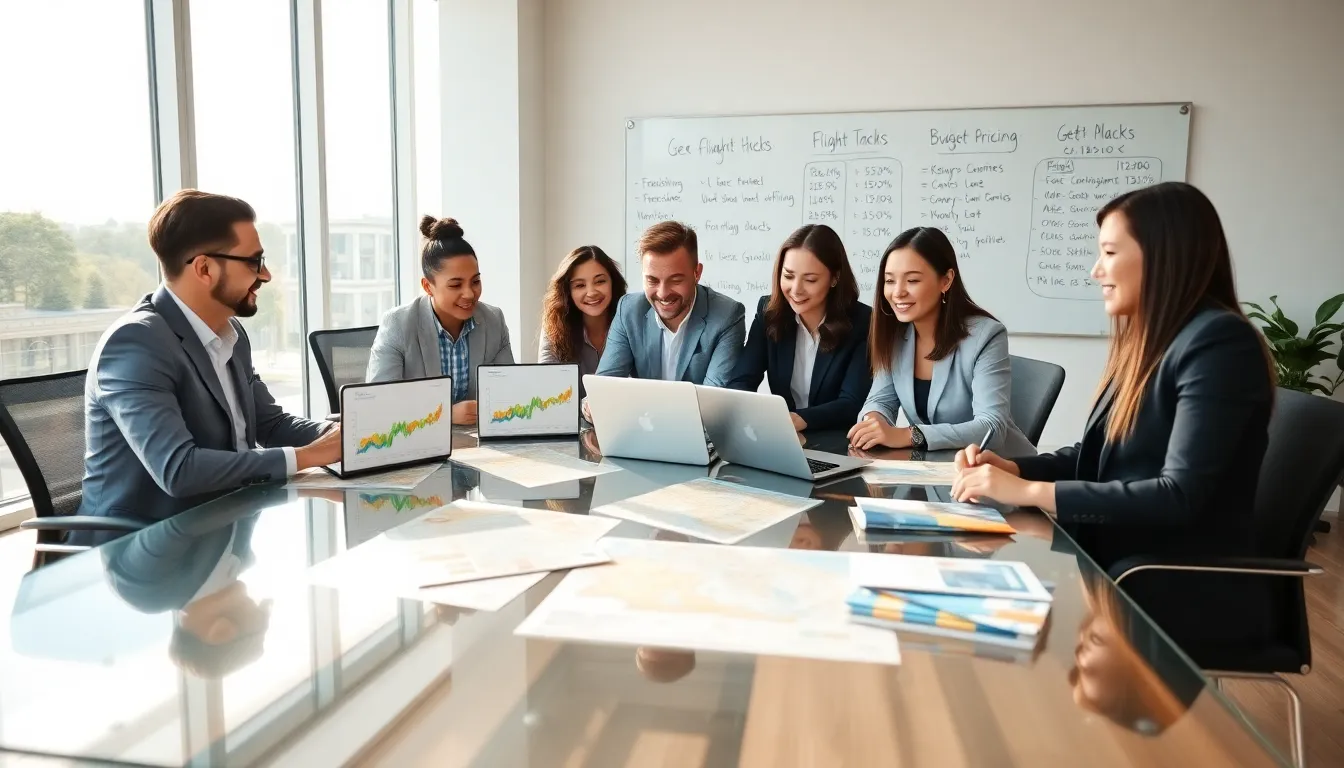 diverse travel professionals discussing flight pricing in a modern office.