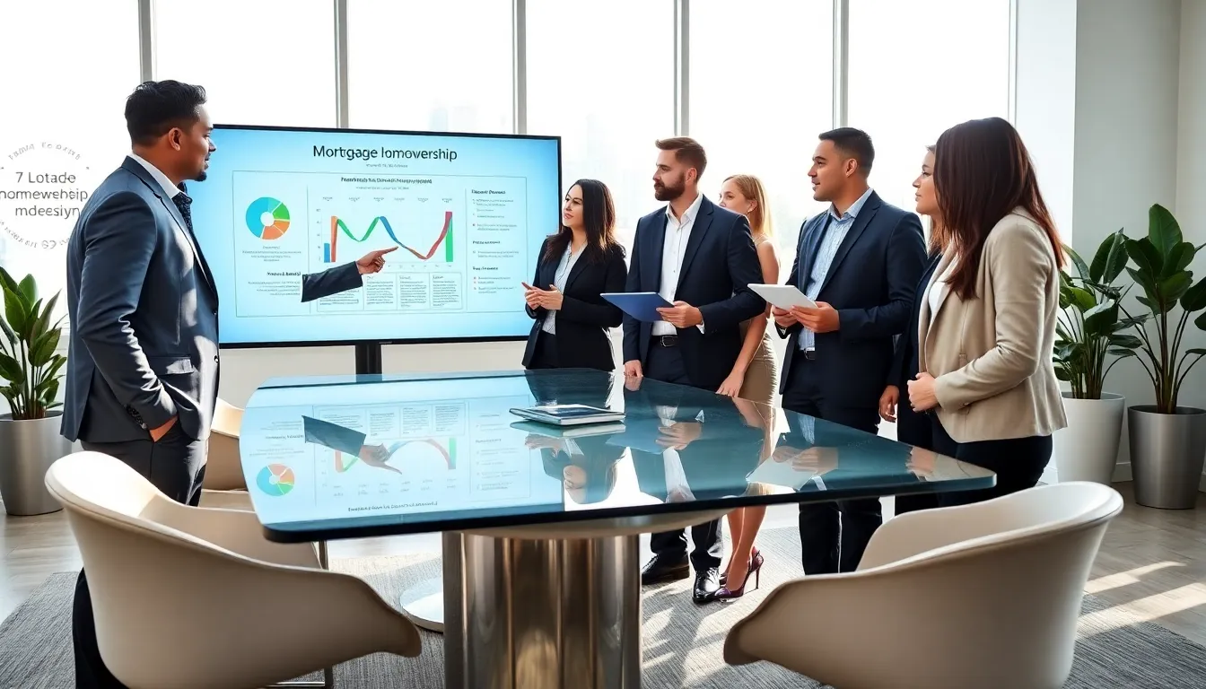 diverse financial team discussing mortgage options in a modern office.