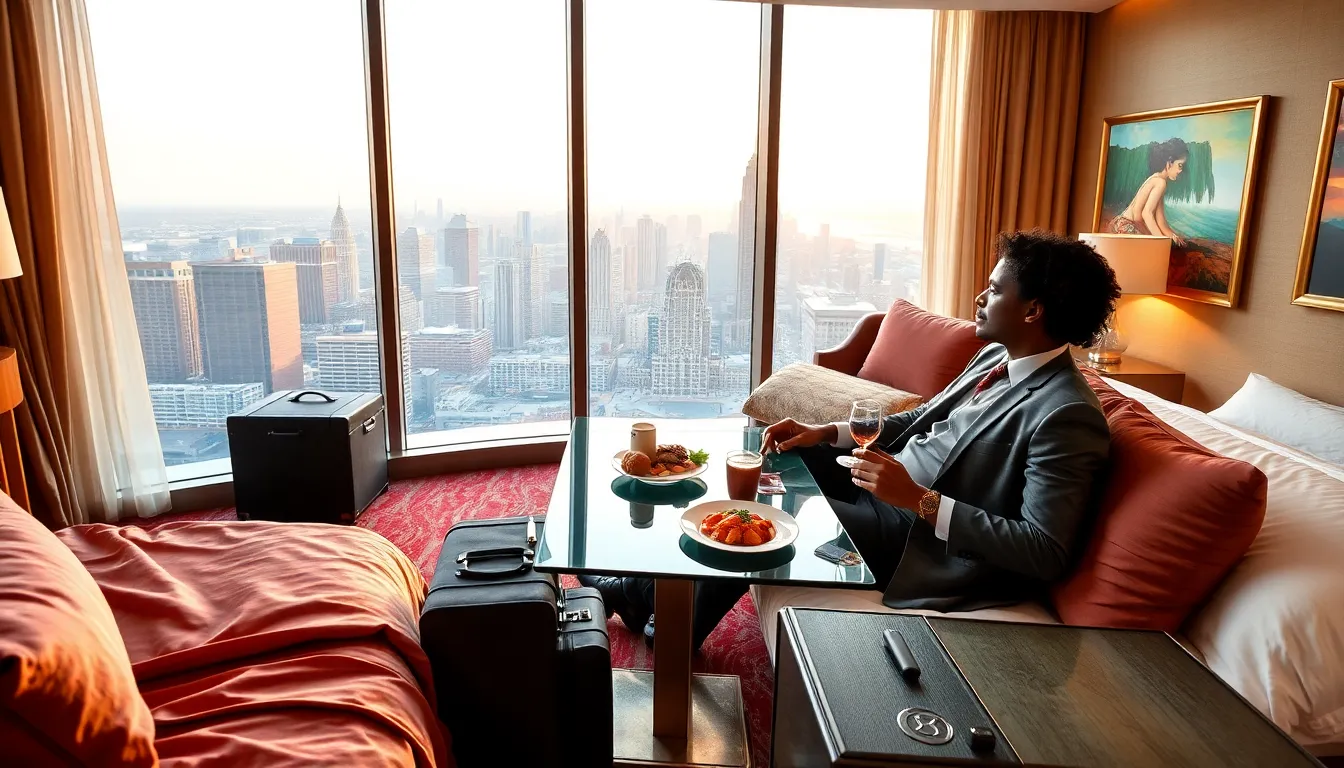 A diverse couple enjoying a luxurious hotel suite experience.