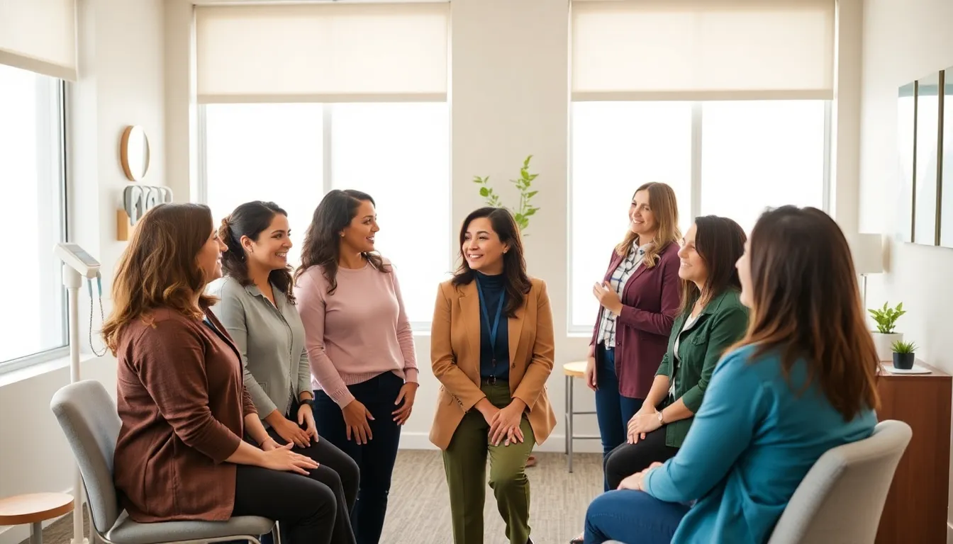 diverse women discussing health in a modern clinic setting.