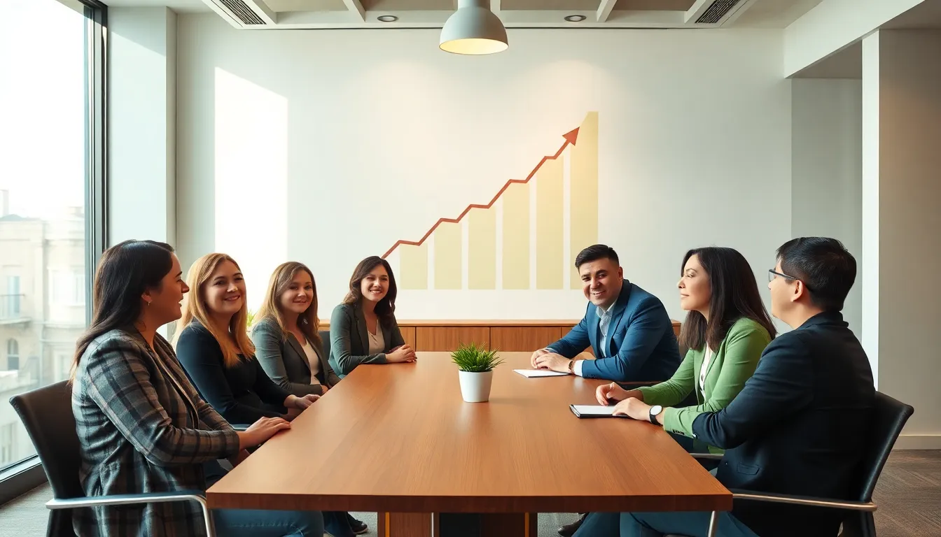 diverse financial advisors discussing with clients in a modern office.