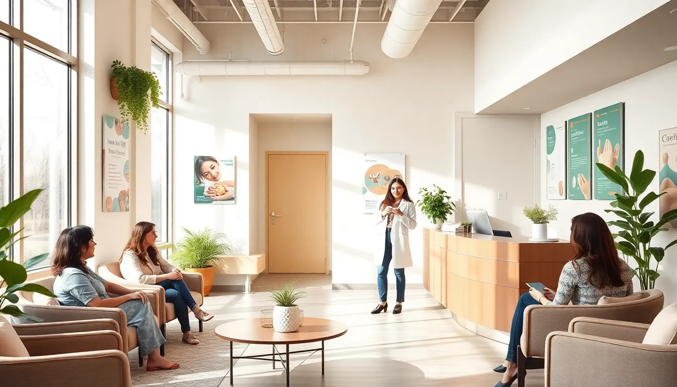 modern women’s health and wellness center with diverse clients and staff.