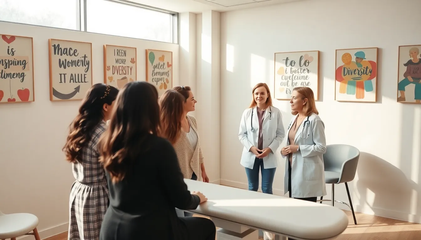 diverse group of women discussing health in a welcoming clinic.