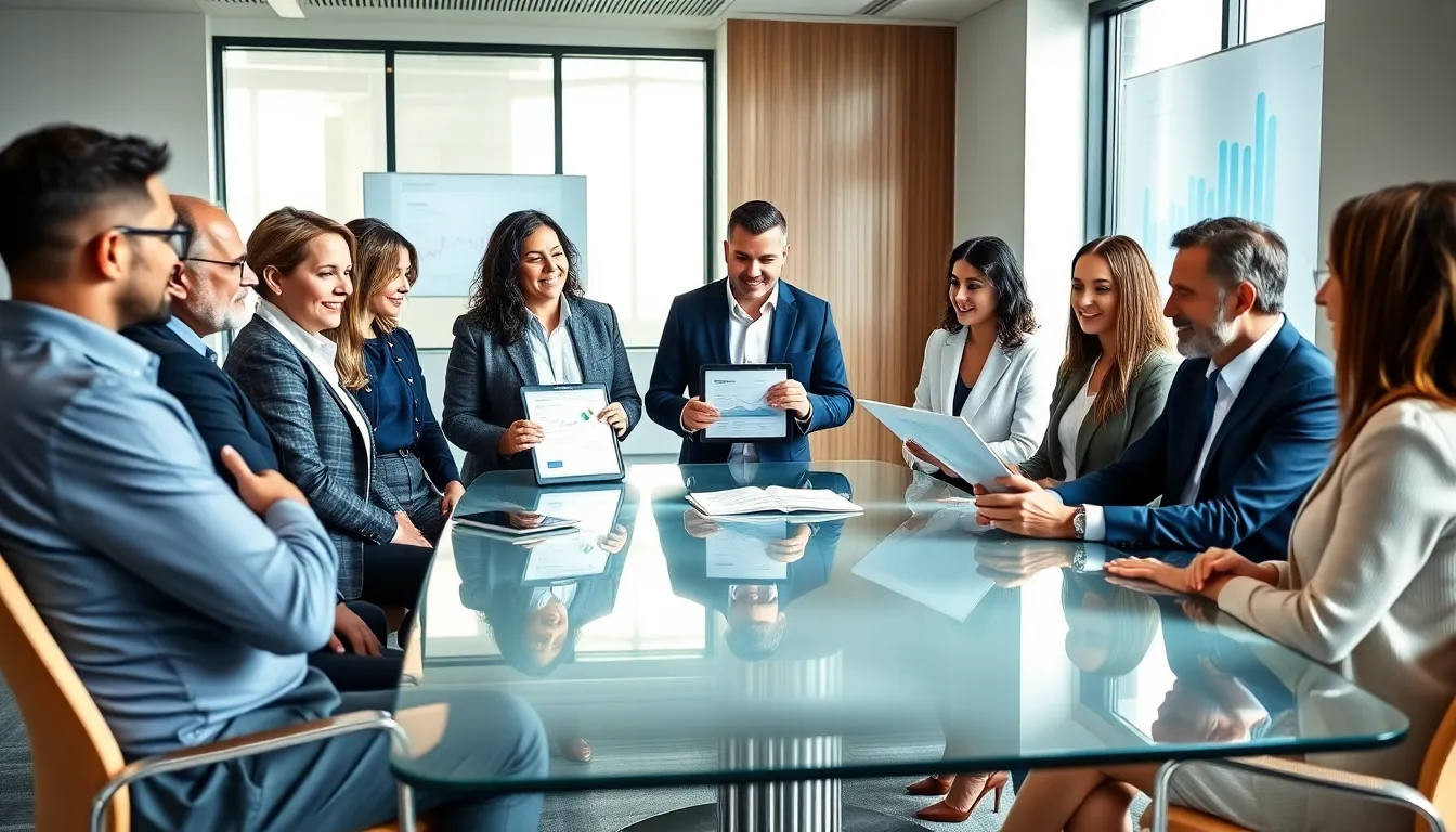 diverse team discussing financial strategies in a modern office.
