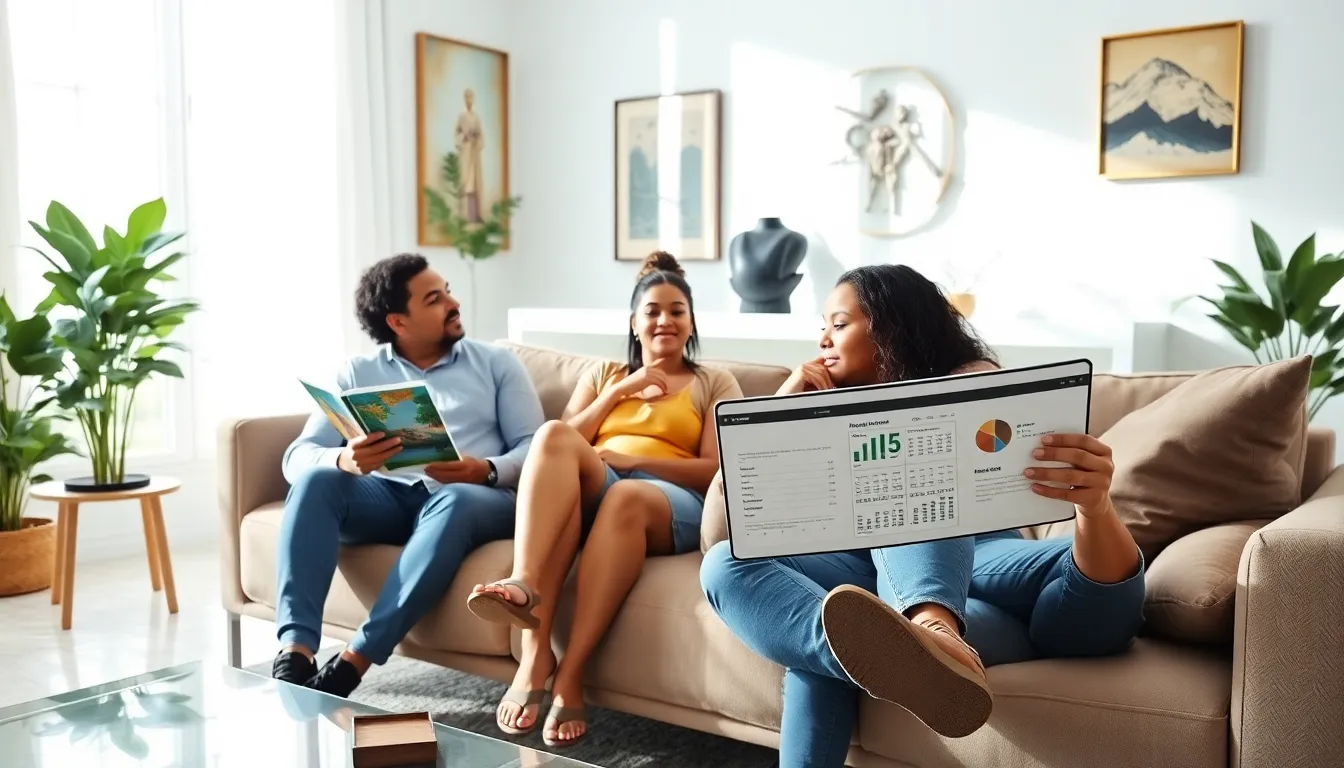 diverse individuals discussing financial freedom in a stylish living room.