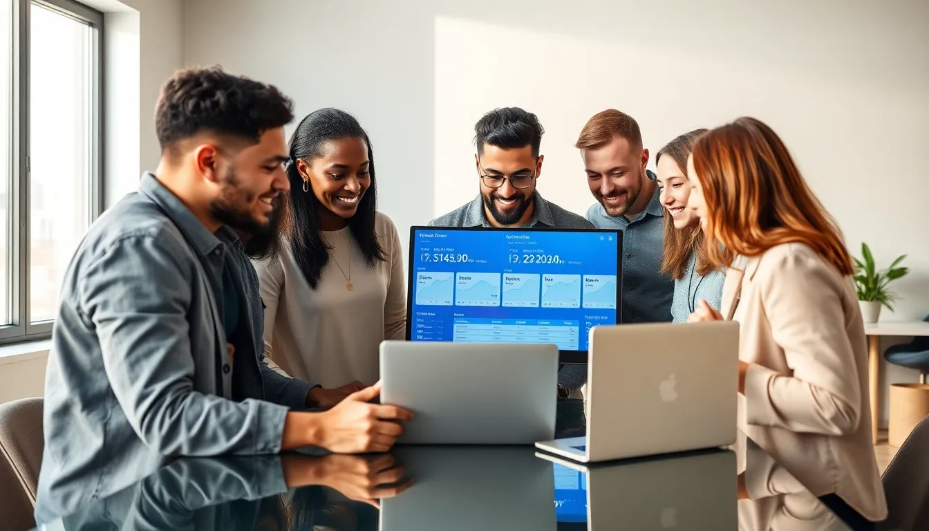 group of travelers planning a trip with a laptop in a co-working space.